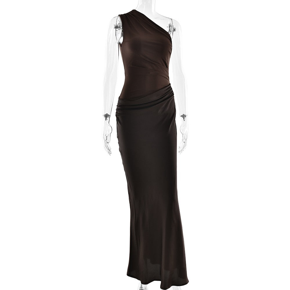 JULISSA MO Patchwork Satin Sexy One Shoulder Women Maxi Dress Brown Sleeveless E