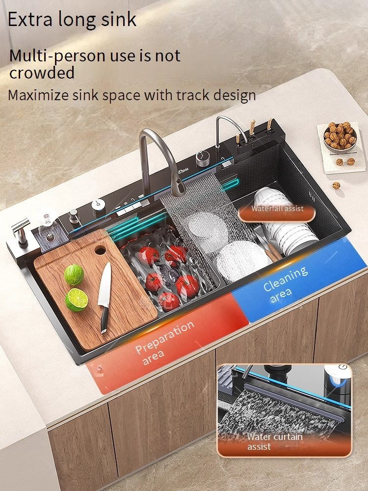 Stainless Steel Waterfall Kitchen Sink Digital Display Faucet Set Embossed Extra Large Single Slot Multiple Types of sinks