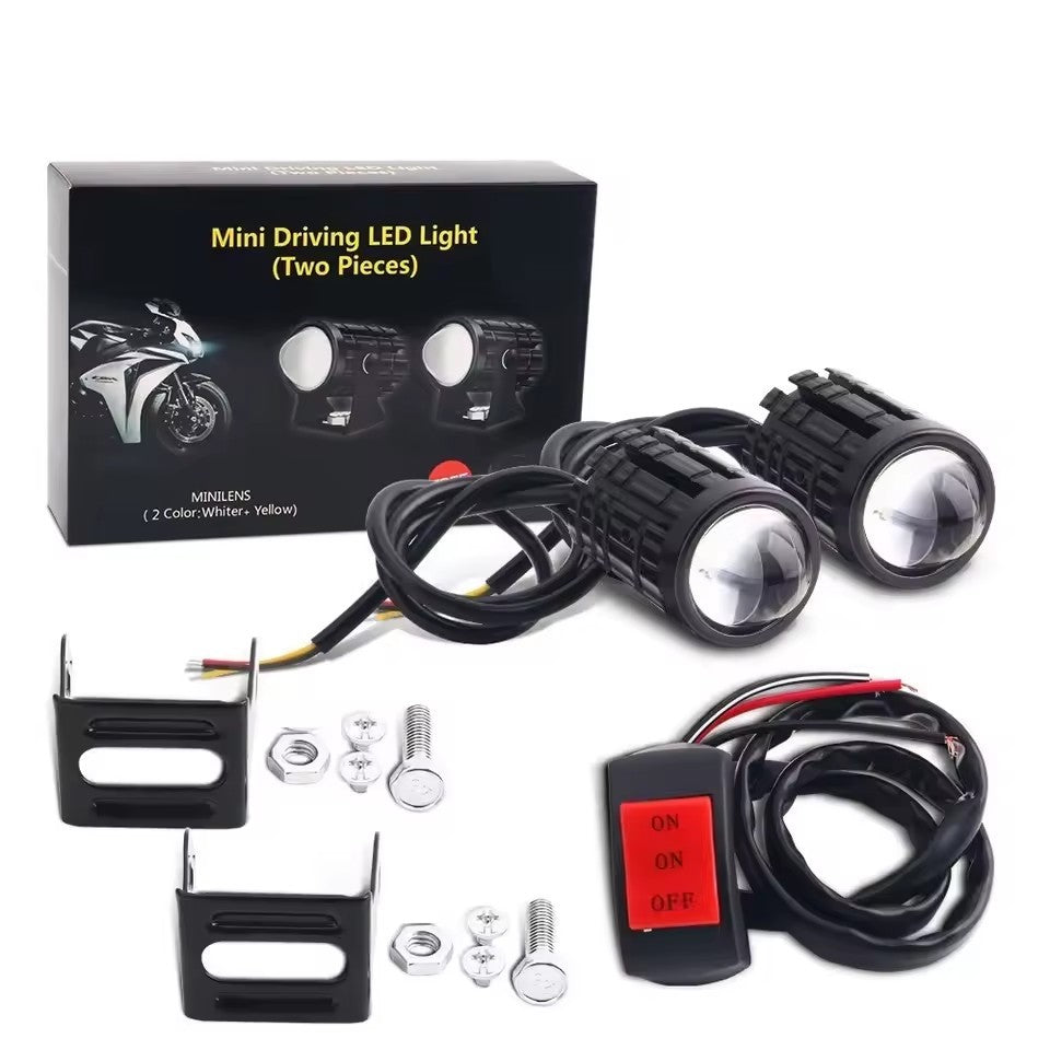 Farol de LED Universal para Motocicleta Lente Projetor Duas Cores ATV Scooter Luz de Condução Luz de Neblina Holofote Auxiliar