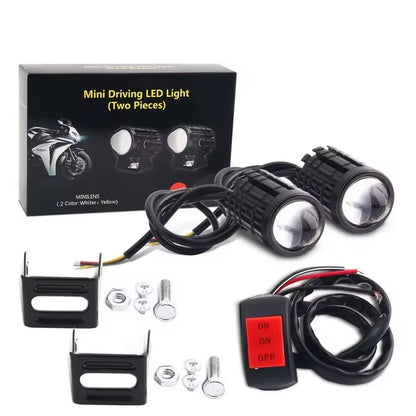 Farol de LED Universal para Motocicleta Lente Projetor Duas Cores ATV Scooter Luz de Condução Luz de Neblina Holofote Auxiliar