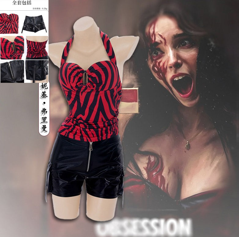 Infatuated with Nikki cosplay costume zebra print backless top faux leather workwear shorts punk street style Halloween carnival