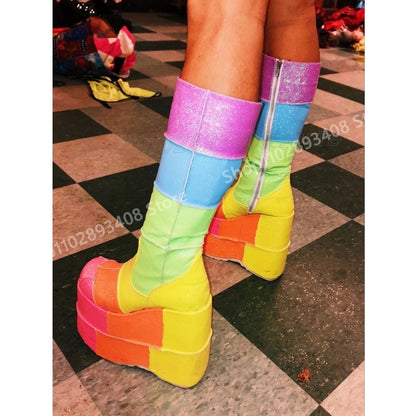 Lolita Cosplay Mutilcolor Thickness Mid Calf Boots Platform Wedges High Heel Women Shoes 2025 Fashion Sexy Zapatos Para Mujere