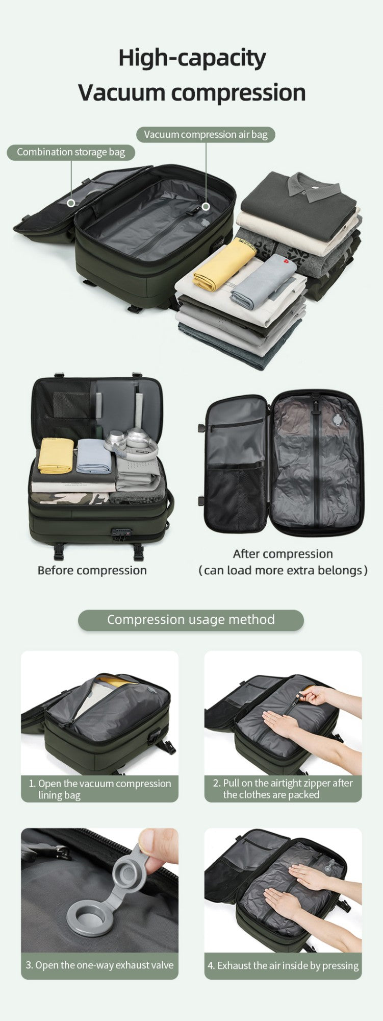 Men Travel Backpack 17 inch vacuum compression Laptop Backpack Extended Large Capacity school Backpack Hiking Business backpack