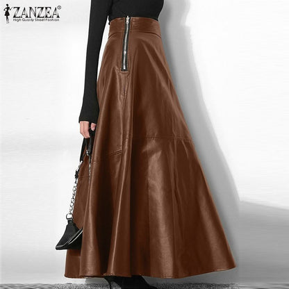 ZANZEA Women's PU Leather Maxi Skirt 2023 Spring Elegant OL Long Saias Fashion Solid Mujer Faldas Casual High Waist Zipper Jupe