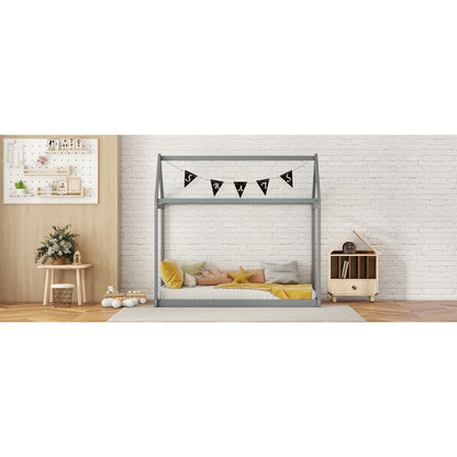 **Title:** Gray Twin Wooden House Bed for Kids - Stylish & Functional Design with Roof, Perfect for Sleeping & Playtime!