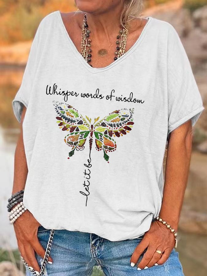 Ilstile Retro Hippie Butterfly T-Shirt Women Whisper Words Of Wisdom Print V-Neck Short Sleeve Loose Casual Summer Top