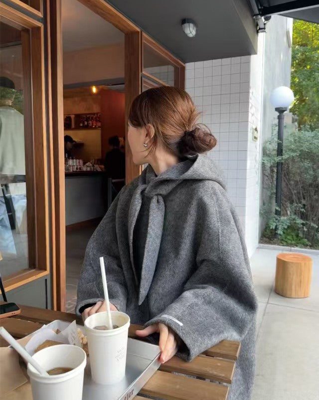 Korean Sle Woolen Coat Women's Chic Temperament Sweet Bow Tie Collar Hooded Warm Woolen Coat Long Sve Mid-Length
