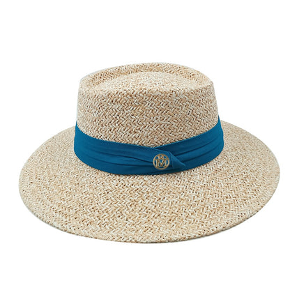 Chapéu de Palha Feminino de Verão Chapéu de Sol Luxuoso Feminino Chapéu de Praia de Proteção Solar da Moda Chapéu Panamá Francês Chapéu Raff de Aba Larga com Topo Abaulado