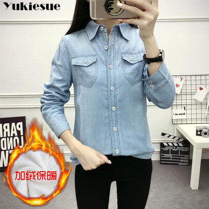 2022 Casual winter Autumn warm thick fleece denim Blouses Women Ladies Tops Women Blouses Long Sleeve Shirt clothe S-3XL