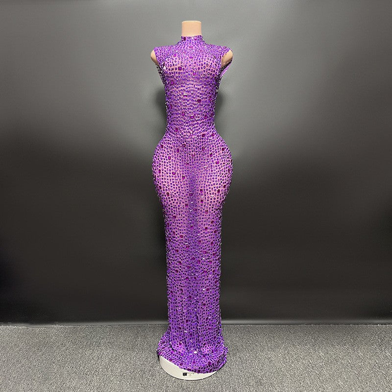 Sexy Full Drill Elastic Slim Fit Sleeveless Long Dress - Hip Wrap, For Host Stage Catwalk & Engagement Evening High-Slit Dresses