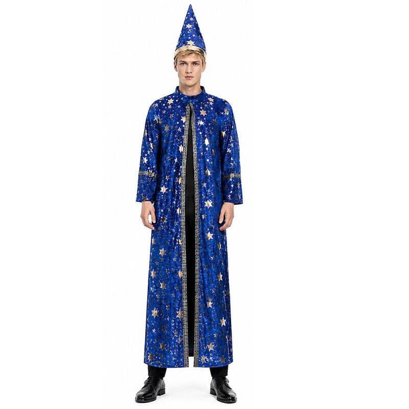 Halloween Wizard Costume Velvet Long Robe Blue Gold Star Print Cloak With Pointed Hat Adult Cosplay Fancy Party Dress Up Outfit