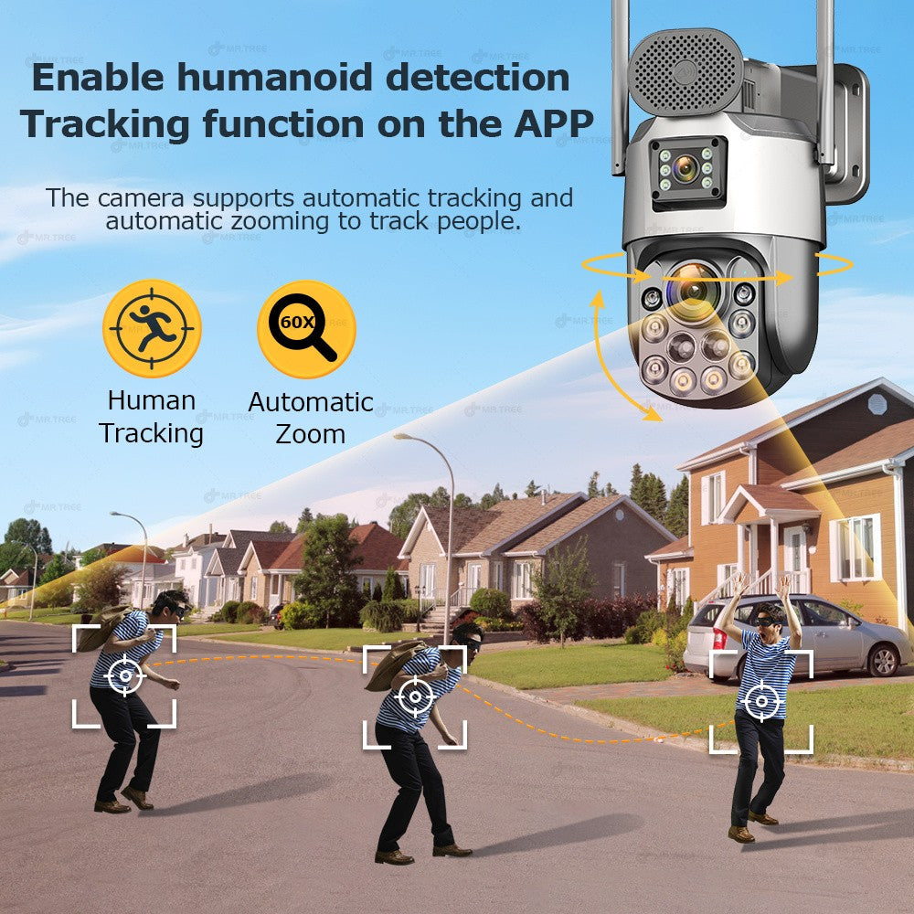 Câmeras de segurança solares externas 4K, 4G SIM, 2 lentes/tela, zoom óptico de 60x, rastreamento automático, PTZ 360°, câmera IP para vigilância residencial