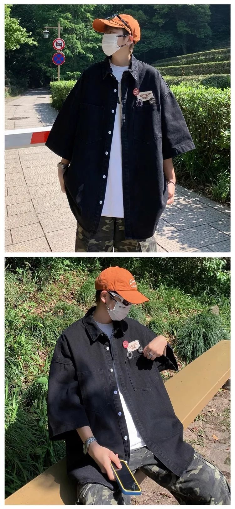 Retro Japanese Style Pocket Badge Denim Short Sleeve Casual Shirt Men's Loose Collar Jacket Trendy Summer Clothing