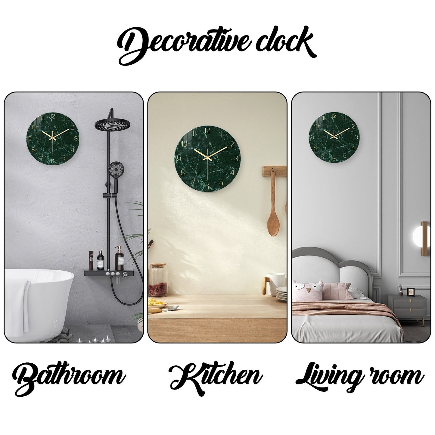 Personalized Dark Green Marble Texture Pattern Tempered Glass Wall Clock Living Room Bedroom Kitchen Home Decoration Wall Clock Silent Quartz Clock Holiday Gift 12 Inches 14 Inches 16inch (Without Batteries)