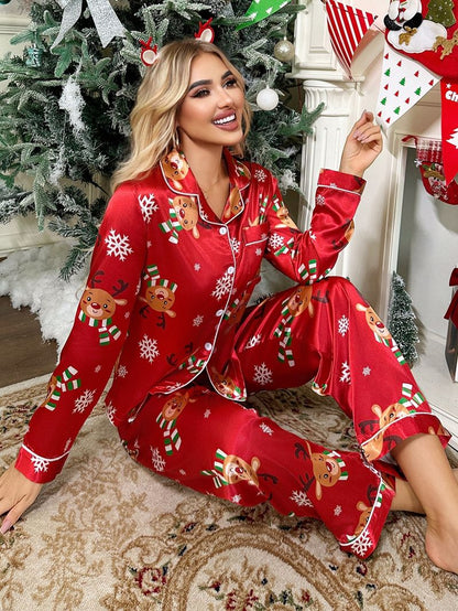 Cute Elk Print Satin Pajama Set Cozy Christmas Suit Long-Sleeve Lapel Top And Pants Comfortable Fit Parties And Theme Events Pjs