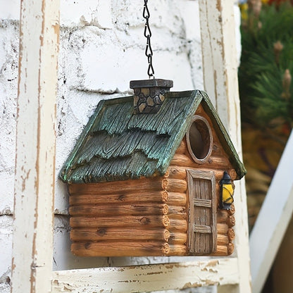 Casa de Pássaro Rústica para Jardim, Resina ABS Durável com Telhado de Madeira. Ideal para Observação de Pássaros e Decoração Externa. Não Precisa de Bateria.