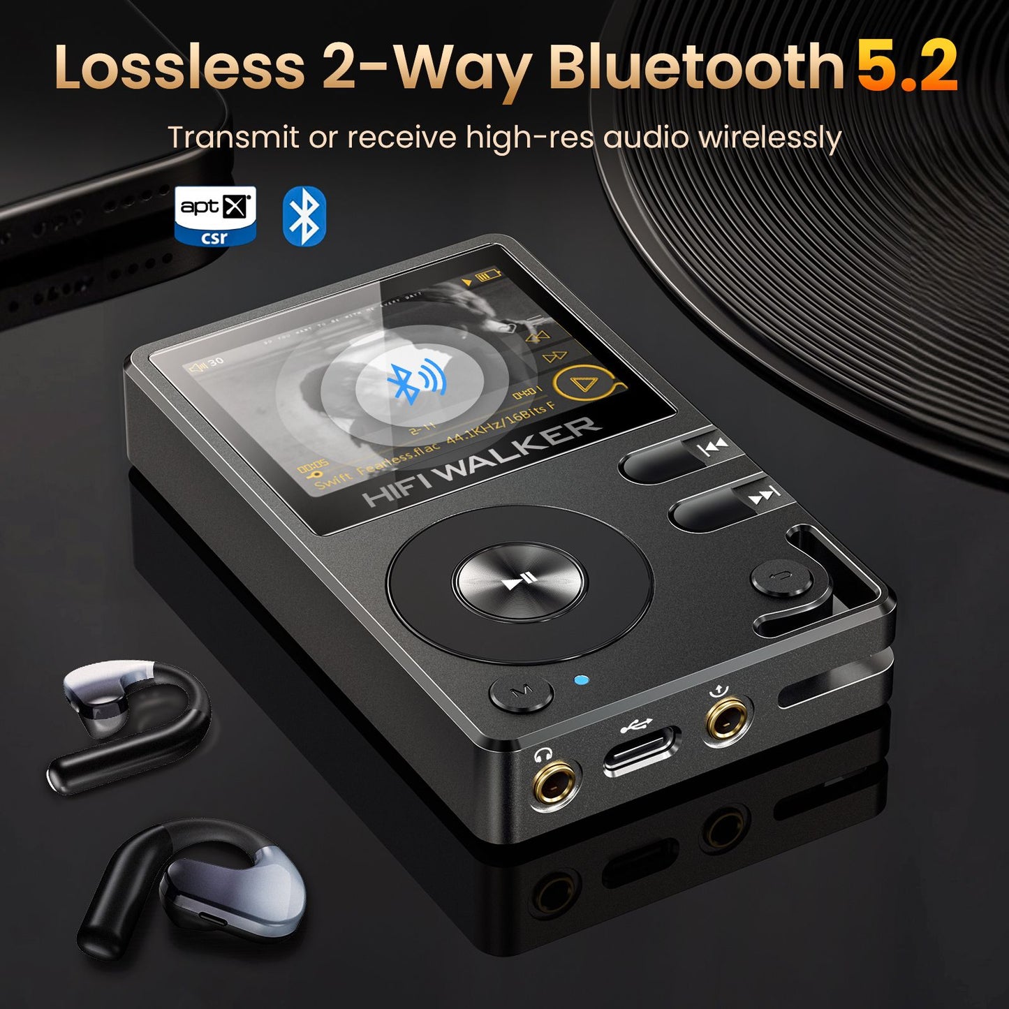 Hifi Walker H2 DAP HIFI Player, Dois Bluetooth 5.2, DAC FLAC DSD Sem Perdas, Expansível até 512GB, Reprodutor de Música Hi-Res com Tela de 2"