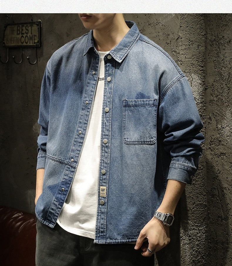 American Sle Heavyweight Men's Denim irt Loose Workwear Jaet Casual Long Sve Breathable Moisture ng Pure Color