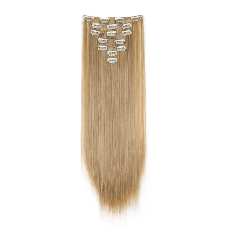Aplique de Cabelo Sintético Liso Longo 24 Polegadas 7 Peças/Conjunto 16 Clipes Penteado Preto Loiro Extensões de Cabelo