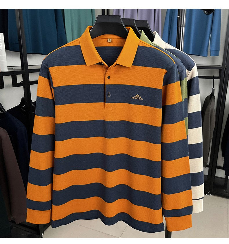 Unique stripe color blocked long sleeve polo shirt men high-end trend brand letters embossed spring autumn new comfort T-shirt