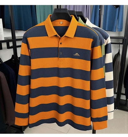 Unique stripe color blocked long sleeve polo shirt men high-end trend brand letters embossed spring autumn new comfort T-shirt