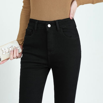 Winter Female Thin Snow Warm Plush Jeans Lady Chic Fleece Flared Pants Girls Korean High Waist Straight Leg Denim Trousers