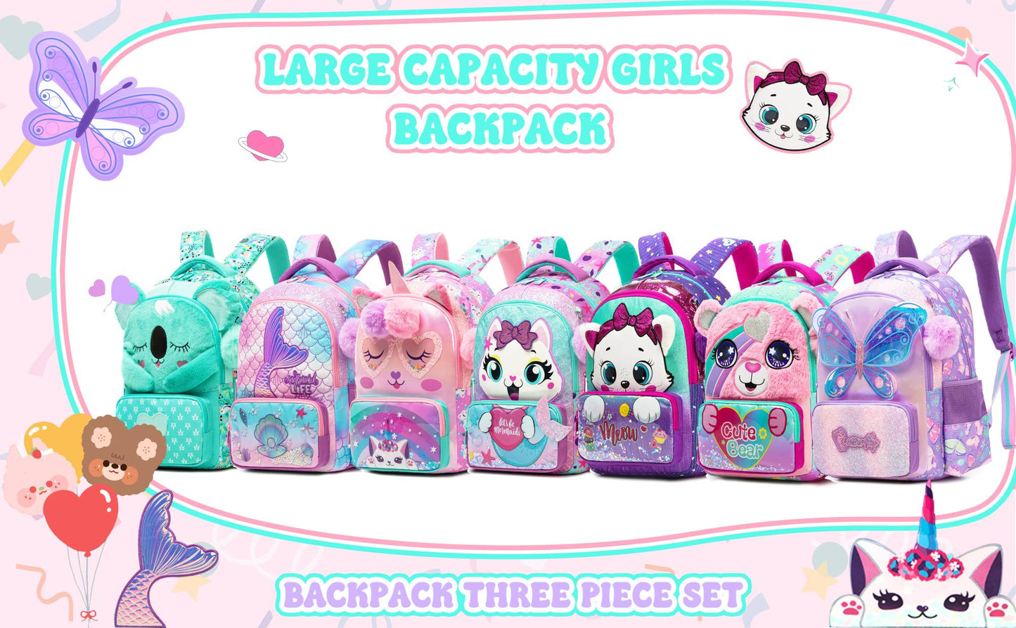 kids backpacks with Lunch Bag for girls 3pcs girls bookbag and Lunch Box Set for Elementary Middle School
