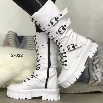 Women's Autumn Uk Style Boots Mid-high Heels Punk Attitude Independent Standing Long Tube Knight Boots Rubber Upper