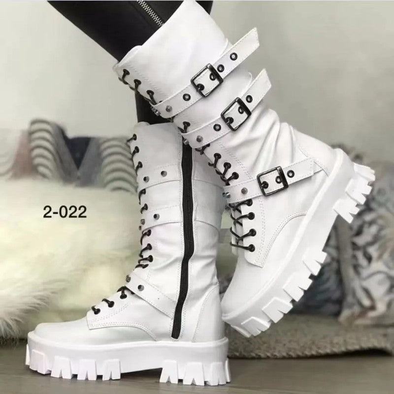 Women's Autumn Uk Style Boots Mid-high Heels Punk Attitude Independent Standing Long Tube Knight Boots Rubber Upper