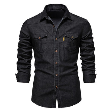 Elastic Cotton Denim Shirt High Quality Men Long Sleeve Solid Color Pocket Shirts for Men Casual Slim Fit Mens Designer Clothing