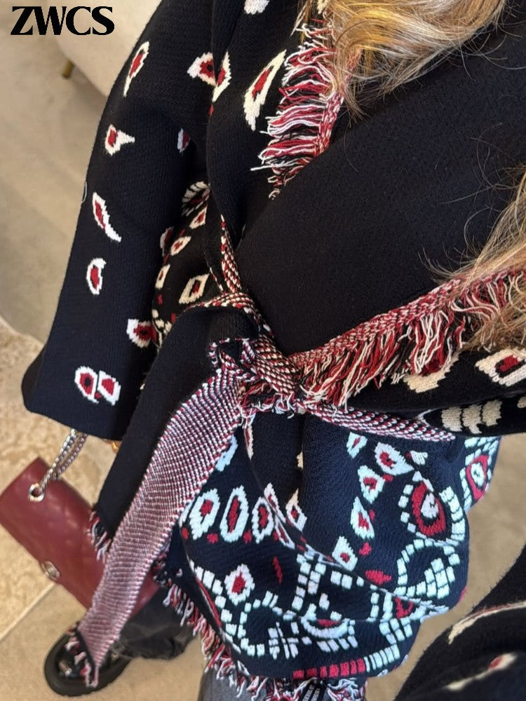 Knitted Print Lace-up Cardigan Coat Women's Elegant V-neck Tassels Full Sleeve Belted Sweaters 2025 Autumn New Ladies Outwear