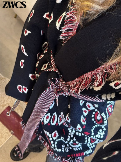 Knitted Print Lace-up Cardigan Coat Women's Elegant V-neck Tassels Full Sleeve Belted Sweaters 2025 Autumn New Ladies Outwear