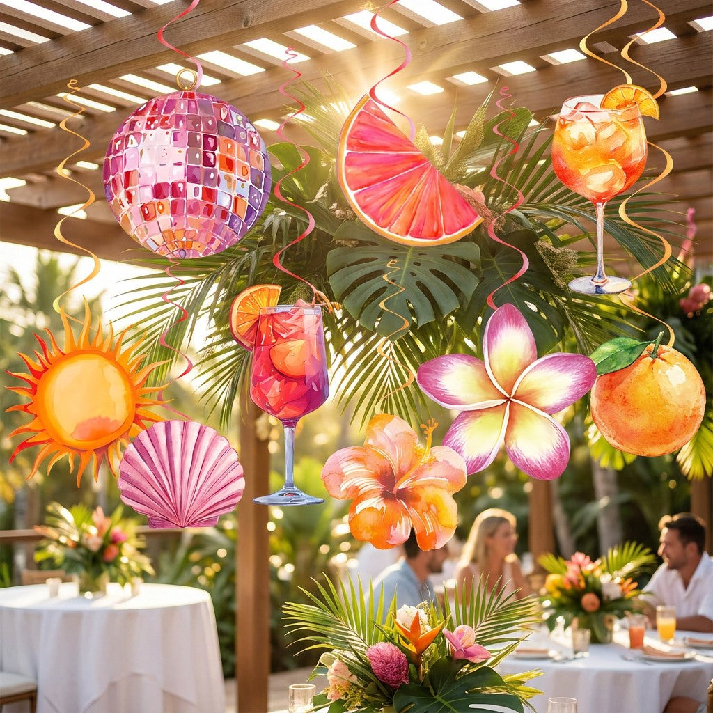 Orange Hawaiian Luau Flowers Lemon Citrus Garland Banner Tropical Aperol Spritz Cocktail Beach Bar Honeycomb ornament Decor