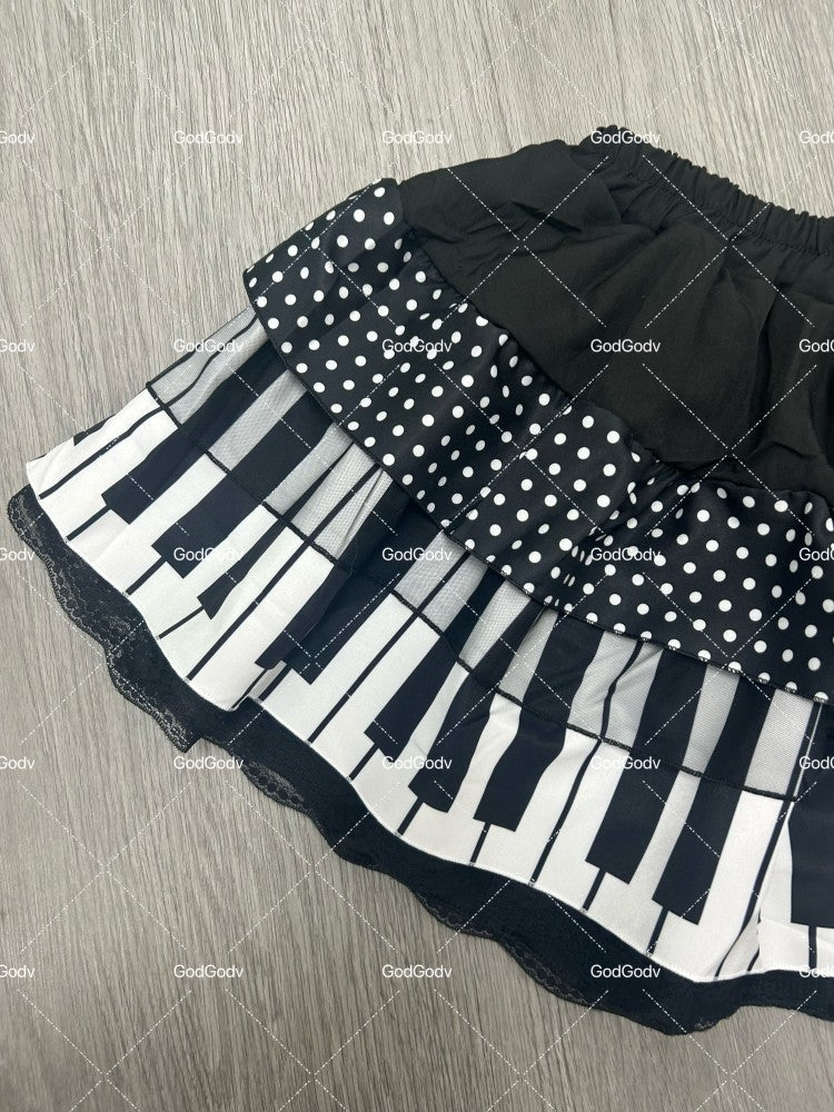 American Vintage Black White Piano Keys Skirts Y2k Slim Waist Ruched A-line Skirt Women 2025 Summer New Korea Style Chic Mujer