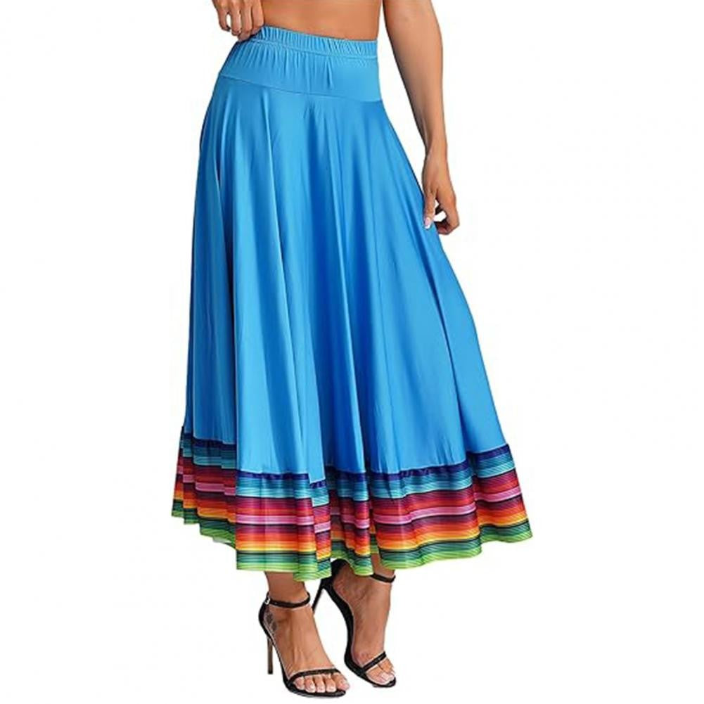 Dance Skirt with Colorful Stripes Colorful Folk Dance Skirt with Elastic Waist Large Swing Hem for Mexican Flamenco for Women