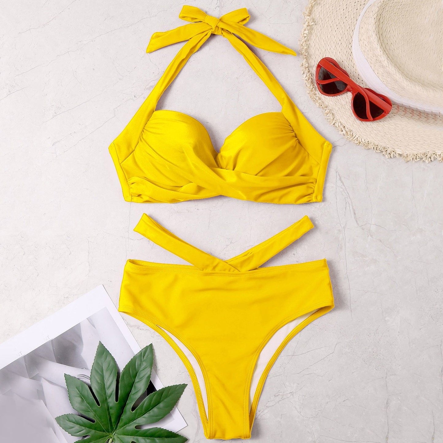 Women Solid Halter Tube Top Swimsuit Cross Ruched Wrap Chest Crop Tops High Waist Hollow Bikini Set Two Pieces Swimsuit Swimwear