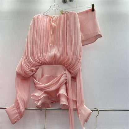 Beige Top Solid Blouse Mini Dresses For Women V Neck Long Sleeve Spliced Lace Up