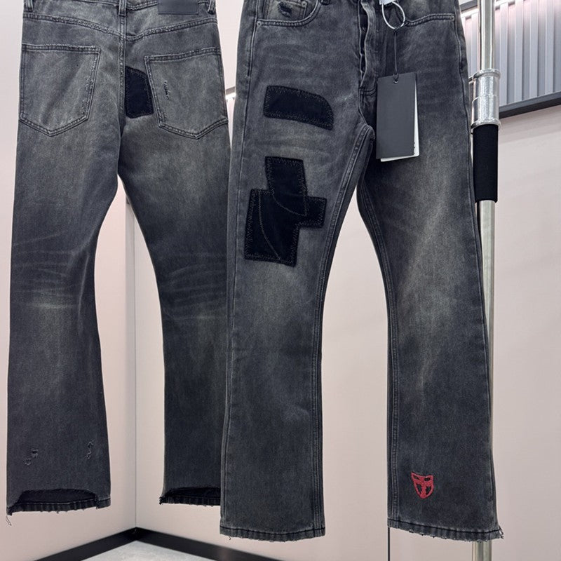 Top Melancholy Rich Second Generation E.R.D. JEANS Men Women Pant Fixed dye corduroy splicing ten thousand needle embroidery