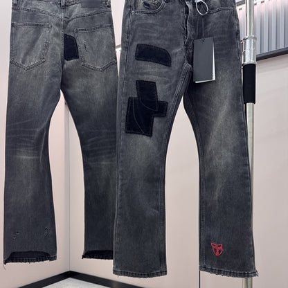 Top Melancholy Rich Second Generation E.R.D. JEANS Men Women Pant Fixed dye corduroy splicing ten thousand needle embroidery