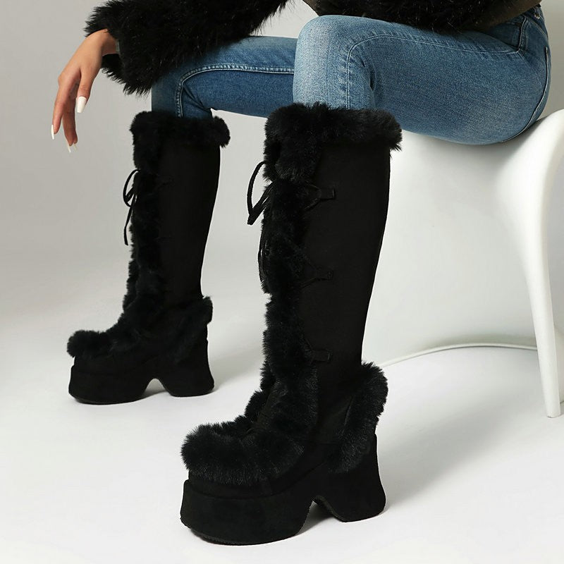 8CM Chunk Heels Winter Warm Knee High Boots Women Snow Short Plush Platform Boots Faux Fur Cosplay Lace-up Long Shoes Size 34-43