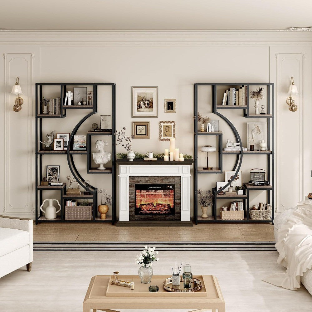 70.8" Tall Bookshelf Set of 2, 79" Wide Geometric Display Shelf with 18 Open Storage Shelves, Scratch-Resistant Gray Wash