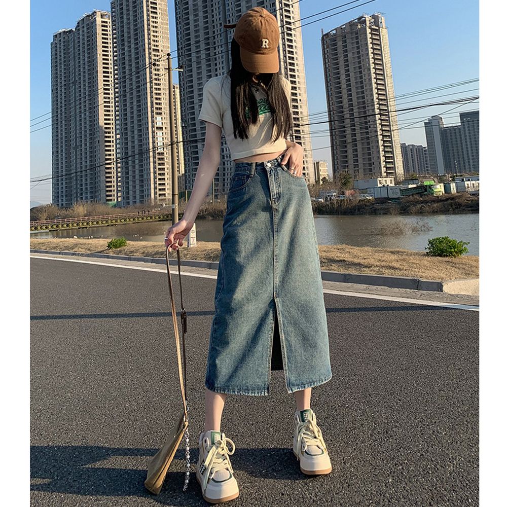 Summer Women High-waist Retro A- line Skirt Pockets Front Slit Washed Blue Denim Skirts Hip-covering Straight Long Jeans Skirt