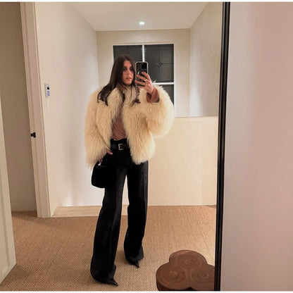 Fashion Solid Plush Faux Fur Coat Women Elegant Warm Long Sleeves Loose Jacket 2025 Lady Winter Chic High Street Outerwear ?