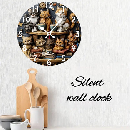 Cat Design Wooden Round Silent Hanging Wall Clock, Suitable For Living Room, Office, Study Room, Bedroom, Home Decoration