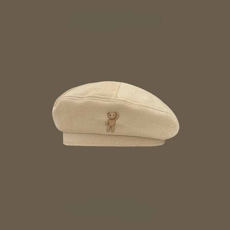 Female Autumn and Winter Temperament Retro Cartoon Teddy Bear Big Head Circumference Showing Face Small Fashion Woolen Beret
