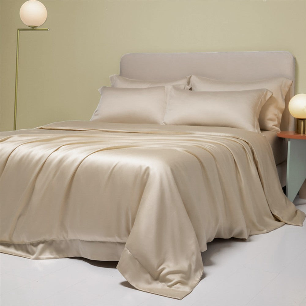 Lofuka Luxuoso Conjunto de Cama Cinza Escuro 100% Seda Pura Capa de Edredom Lençol Fronha para Sono Saudável Casal Queen King