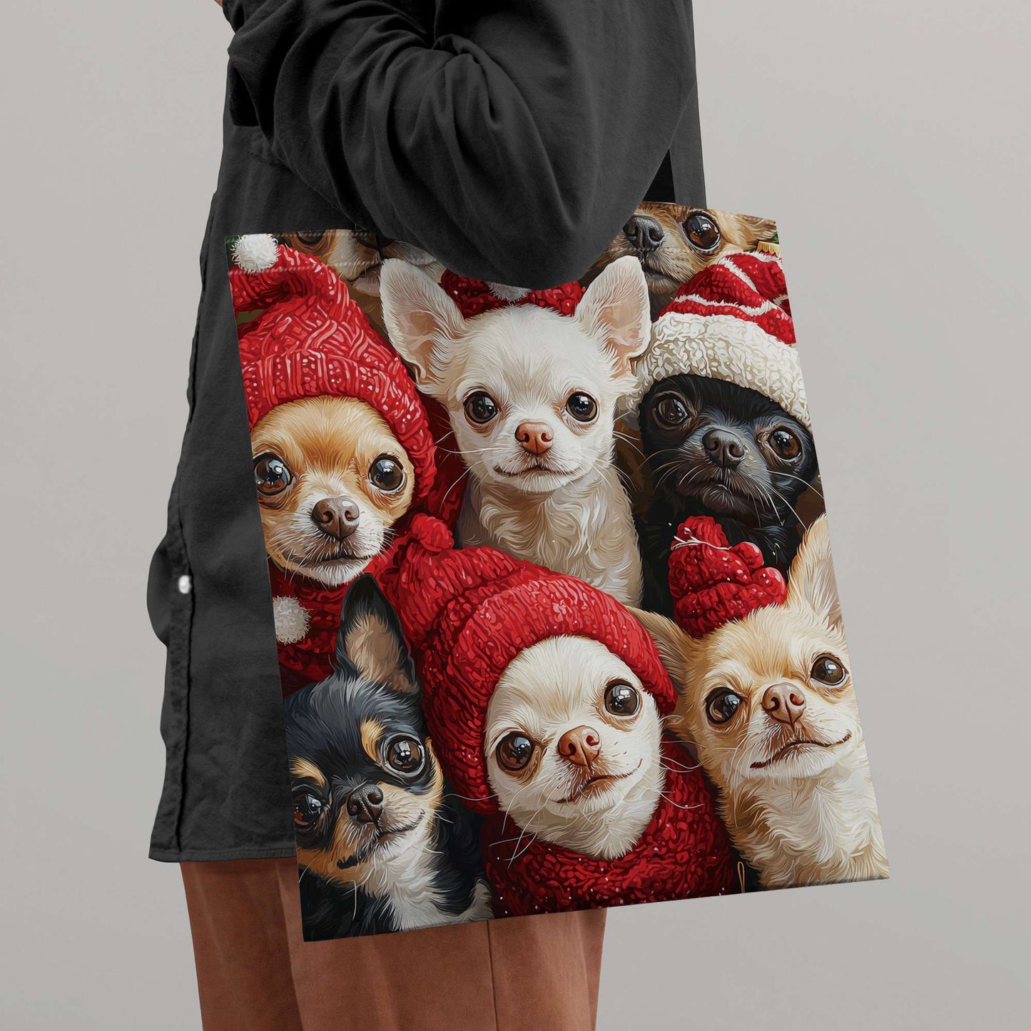 1pc Chihuahua Print Polyester Tote Bag, Durable Reusable Shopping Shoulder Bag with Cute Animal Design