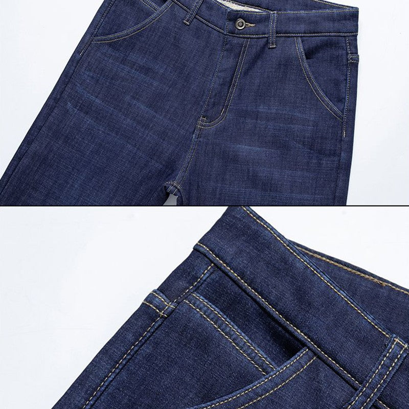 Calça Jeans Masculina de Inverno Forrada com Lã Grossa Calça Jeans Masculina de Cintura Solta Reta Slim Fit Calça Social Casual Confortável