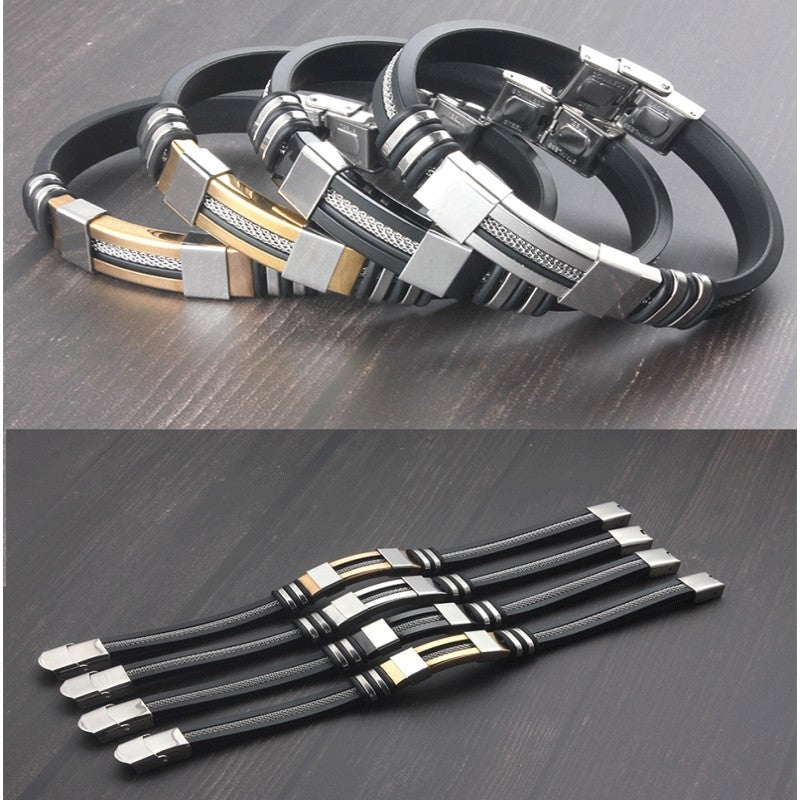 Pulseira Masculina de Couro, Silicone e Aço Inoxidável Esportiva Corrente de Mão Acessórios de Joias Presente Masculino