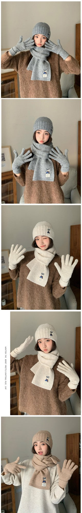 Embroidered Puppy Knitted Hat Scarf Gloves Three-Piece Set for Women Winter Warmth Earflap Beanie